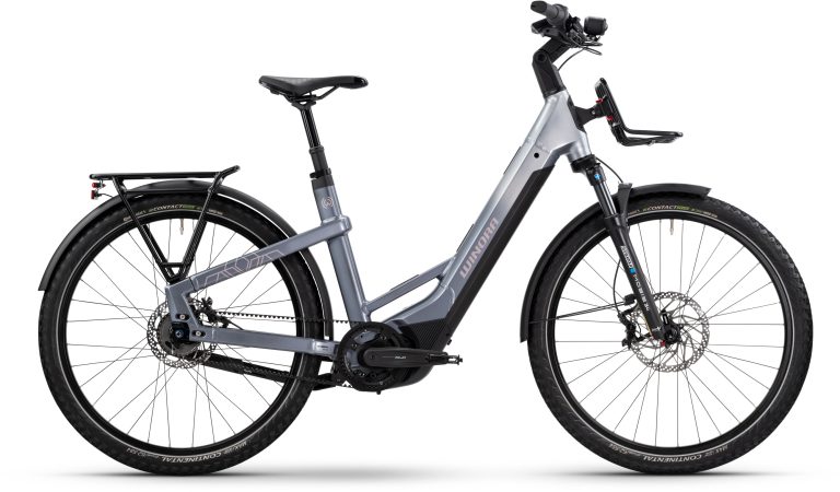 Winora Yakun R5 Pro 2025 coloris haze grey brillant, vélo de trekking électrique à cadre bas