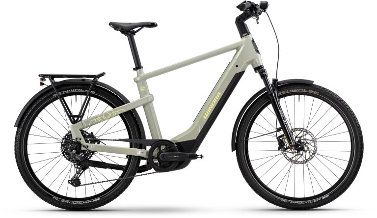 Winora Yakun X10 High 2025 ivory green, vélo de trekking électrique à cadre haut, vue de profil