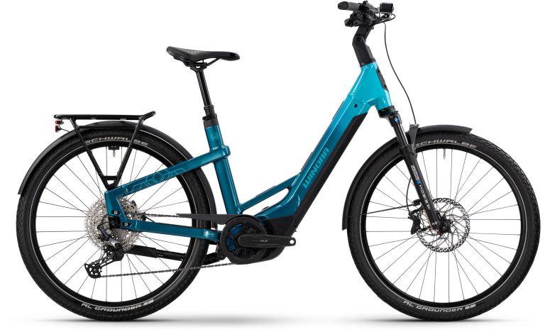 Winora Yakun X12 2025 coloris aqua brillant, vélo de trekking électrique à cadre bas