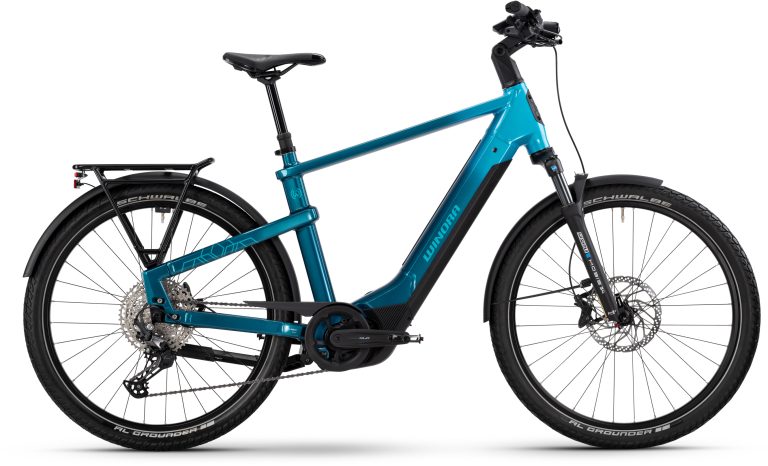 Winora Yakun X12 High 2025 aqua, vélo de trekking électrique à cadre haut, vue de profil