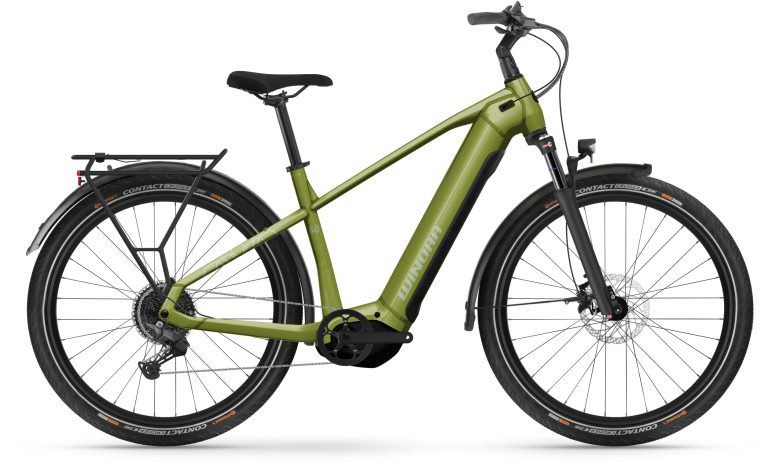 Winora Yucatan X10 High 2025 touring green, vélo de trekking électrique, vue de profil