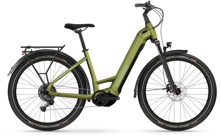 Winora Yucatan X10 2025 coloris touring green brillant, vélo urbain électrique à cadre bas