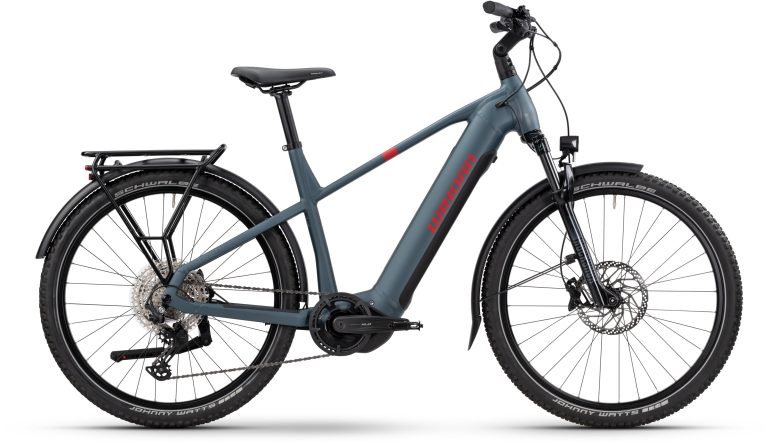 Winora Yucatan X12 High 2025 metallic stone blue mat, vélo de trekking électrique, vue de profil