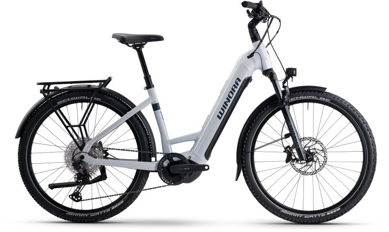 Winora Yucatan X12 Pro 2025, VTC électrique gris à cadre bas et tige de selle télescopique