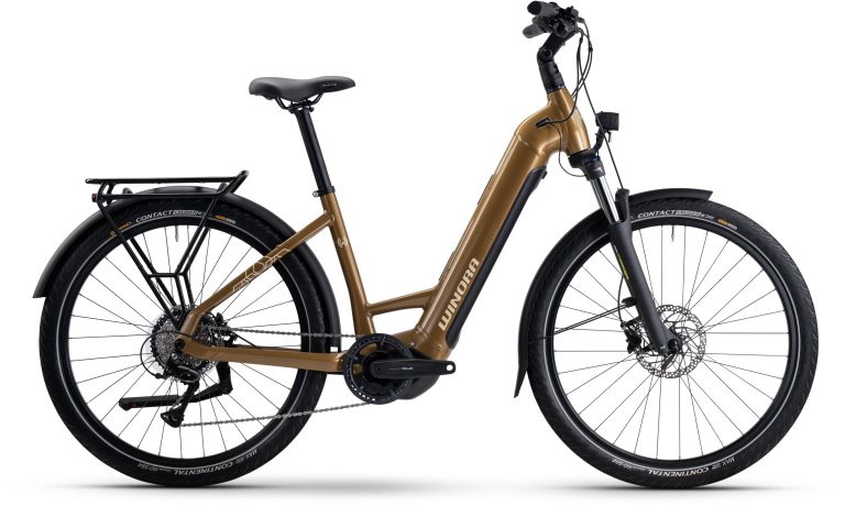 Winora Yucatan X8 2025, vélo de ville électrique brun à cadre bas, vue de profil