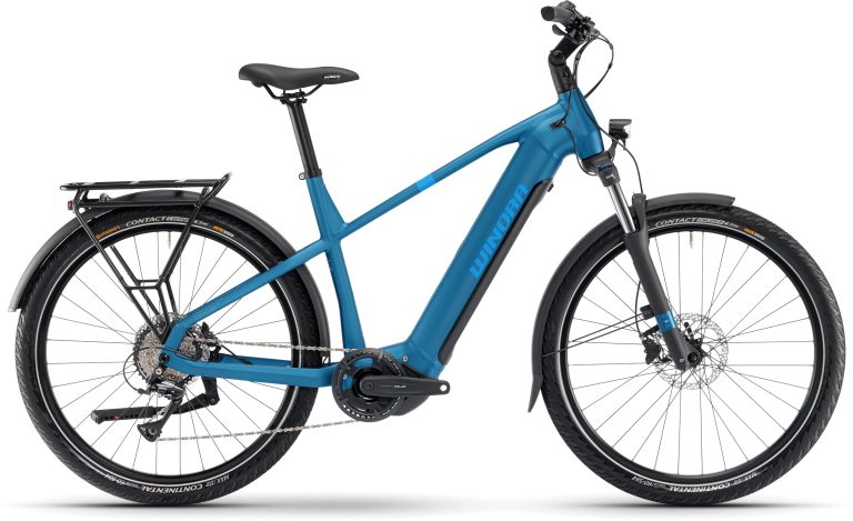 Winora Yucatan X8 High 2024 bleu foncé mat, vélo de trekking électrique, vue de profil