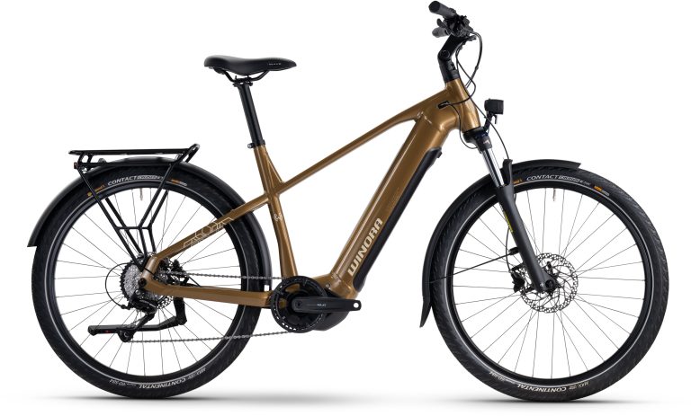 Winora Yucatan X8 High 2025 mocaccino brillant, vélo de trekking électrique, vue de profil
