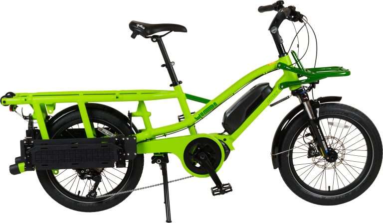 Yuba FastRack V1 2024, longtail électrique compact à roues de 20 pouces, vue de profil