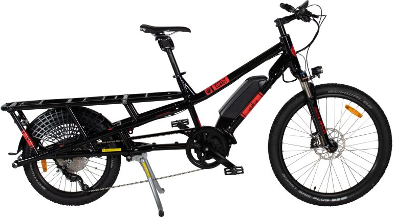 Yuba Spicy Curry V3 AT 2024, longtail électrique à roues mixtes et fourche suspendue, vue de profil