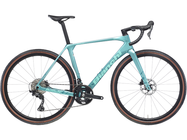 Bianchi Impulso Comp, gravel carbone à double plateau Shimano GRX, vue de profil