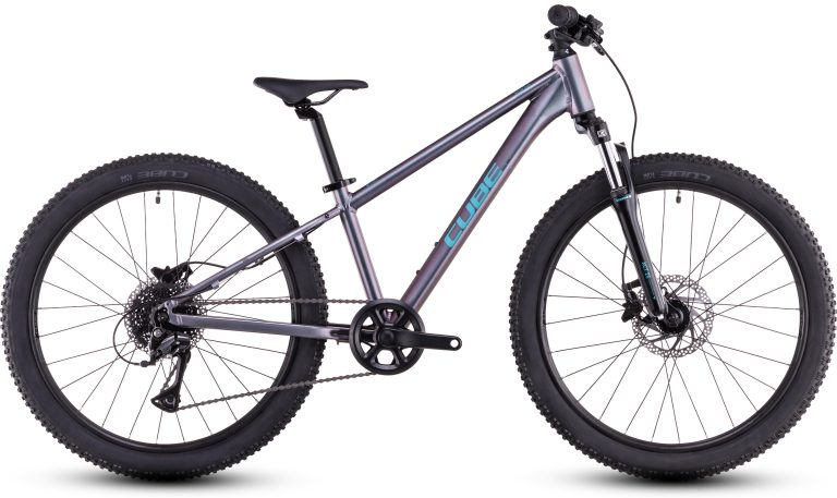 Cube Acid 240 Disc 2025 bleu cyan, VTT enfant 24 pouces à freins à disque, vue de profil
