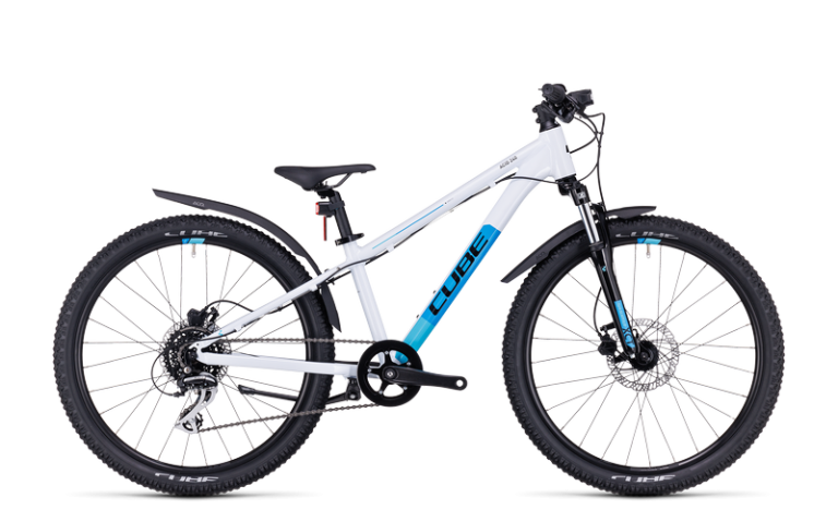 Cube Acid 240 Disc Allroad 2024 blanc et bleu, vélo enfant équipé à freins à disque