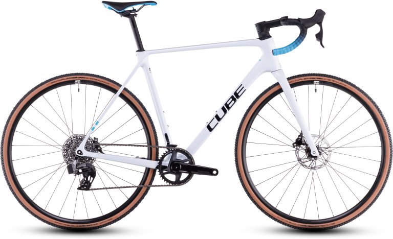 Cube Cross Race C:62 Race 2025, vélo de cyclo-cross carbone à transmission sans fil, coloris polarwhite´n´blue, vue de profil
