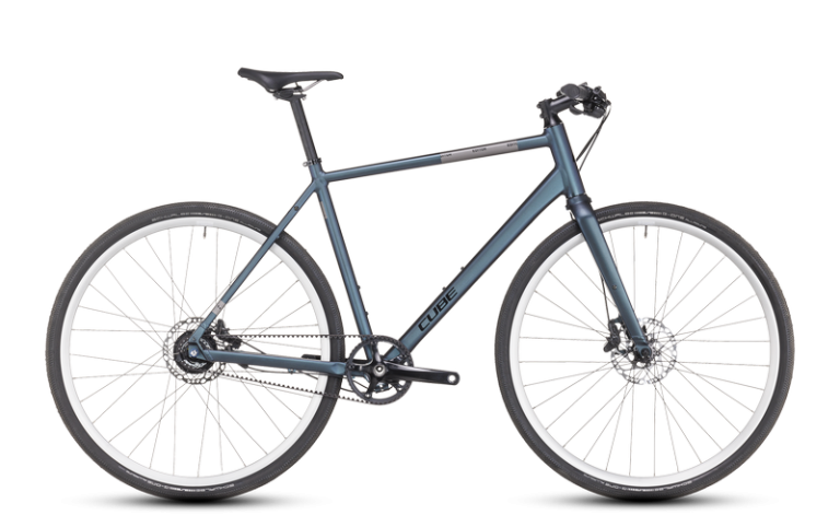 Cube Editor 2024, vélo urbain à courroie Gates et moyeu Alfine, coloris metalblue´n´black, vue de profil