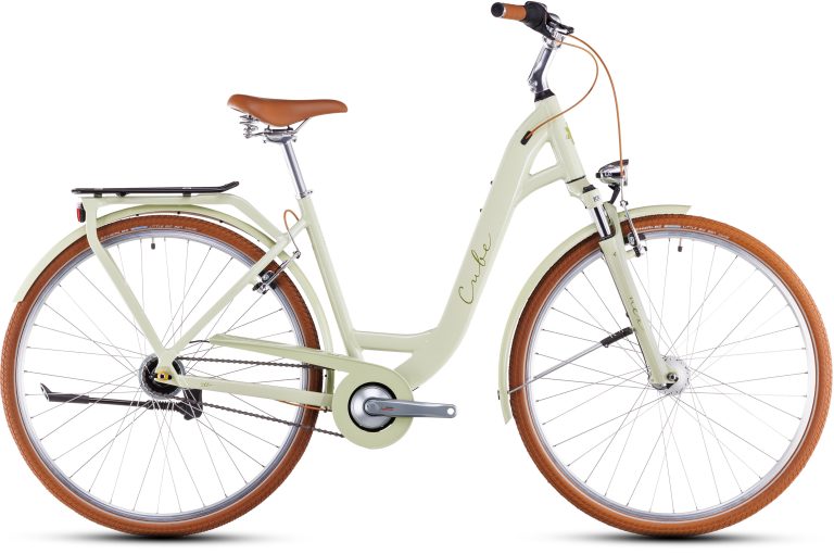 Cube ella 2025, vélo de ville à cadre à enjambement nul et porte-bagage intégré, vue de profil