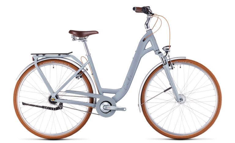 Cube Ella Cruise 2024 gris metallicstone, vélo de ville à cadre bas et guidon confort, vue de profil