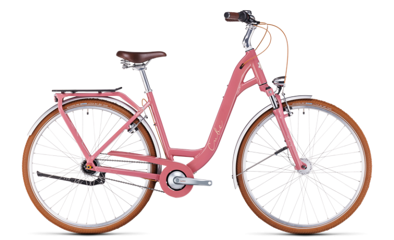 Cube Ella Cruise 2024 coloris crème, vélo de ville à cadre bas et fourche suspendue, vue de profil
