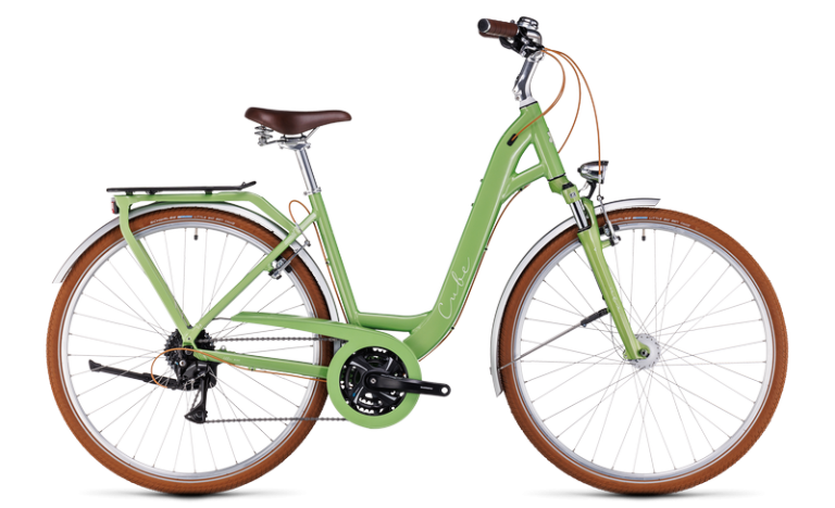 Cube Ella Ride 2024 vert, vélo de ville à cadre bas et cintre confort, vue de profil