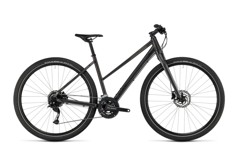 Cube Hyde 2024, vélo urbain fitness cadre Trapeze coloris graphite´n´black, vue de profil