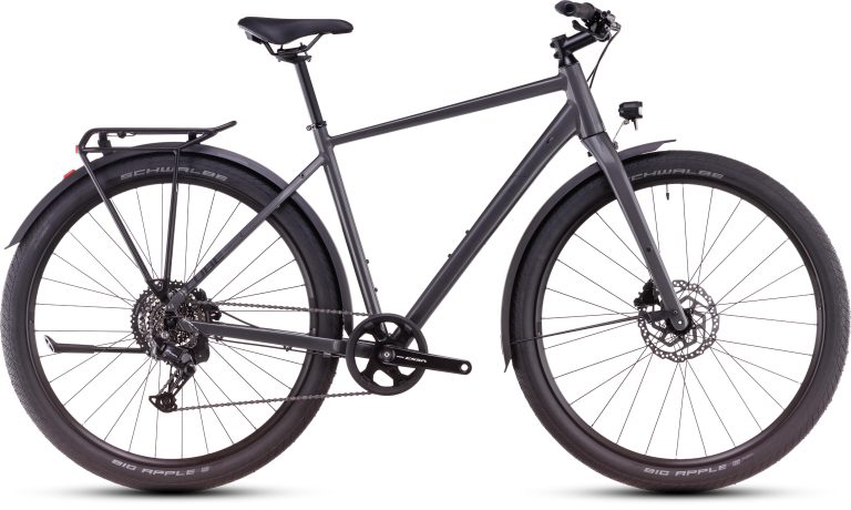 Cube Hyde ONE FE 2025, vélo urbain à fourche carbone et cintre relevé, vue de profil