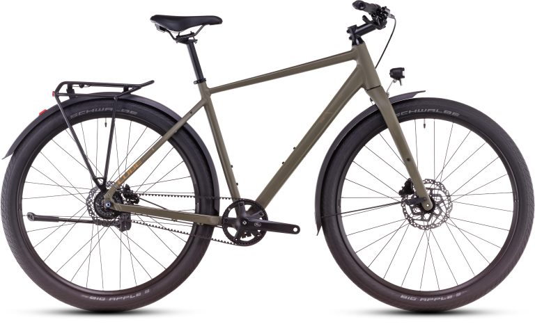 Cube Hyde Pro FE 2025, vélo urbain à fourche carbone et cintre relevé, vue de profil