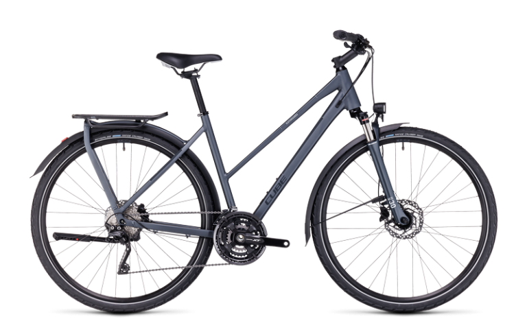 Cube Kathmandu EXC 2024 à cadre Trapeze, vélo de trekking avec porte-bagages intégré, coloris darkgrey´n´grey, vue de profil