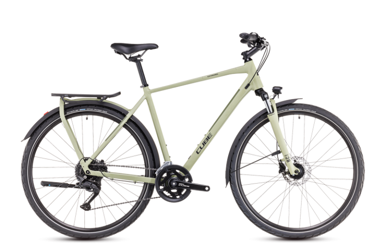Cube Kathmandu ONE 2024 vert et noir, vélo de trekking à porte-bagages intégré, vue de profil