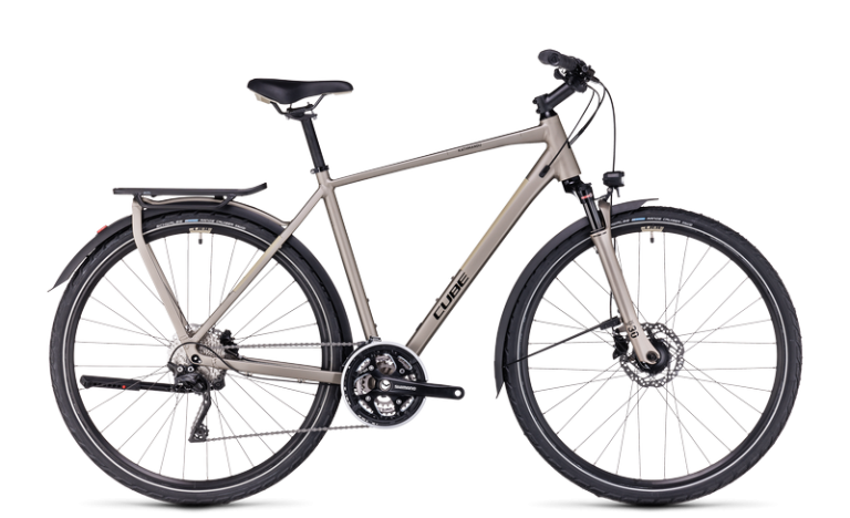 Cube Kathmandu Pro 2024 gris clair, vélo de trekking à triple plateau et porte-bagages intégré
