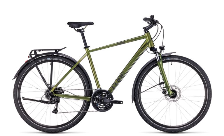 Cube Nature Allroad 2024 vert mousse, vélo tout chemin équipé de garde-boue et d’un porte-bagages