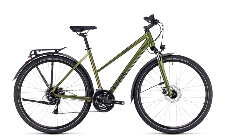 Cube Nature Allroad 2024 vert shinymoss, vélo de trekking équipé à cadre trapèze, vue de profil