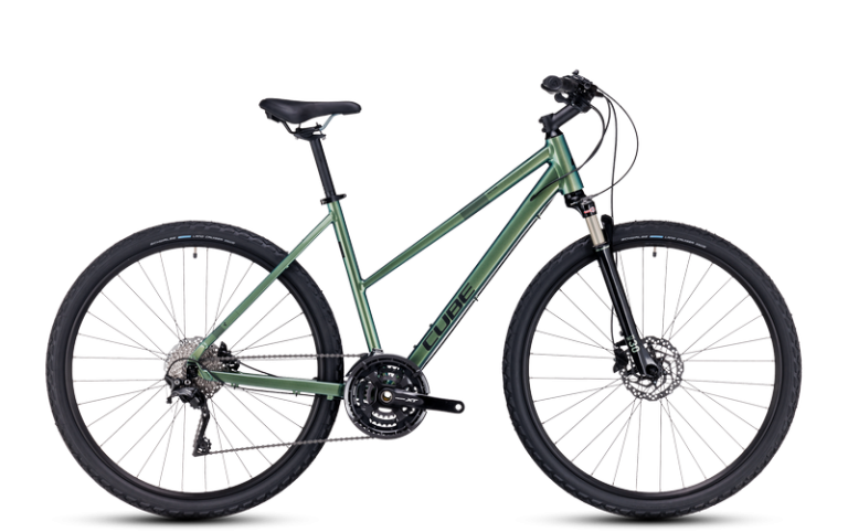 Cube Nature EXC 2024 vert verde´n´black, vélo de trekking à cadre trapèze et fourche à ressort pneumatique, vue de profil