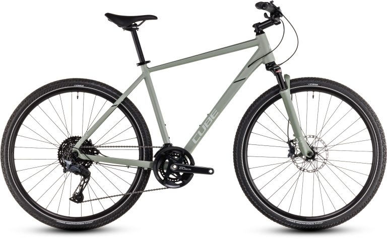 Cube Nature SLX 2025, vélo de trekking à fourche suspendue et pneus Marathon Mondial, vue de profil