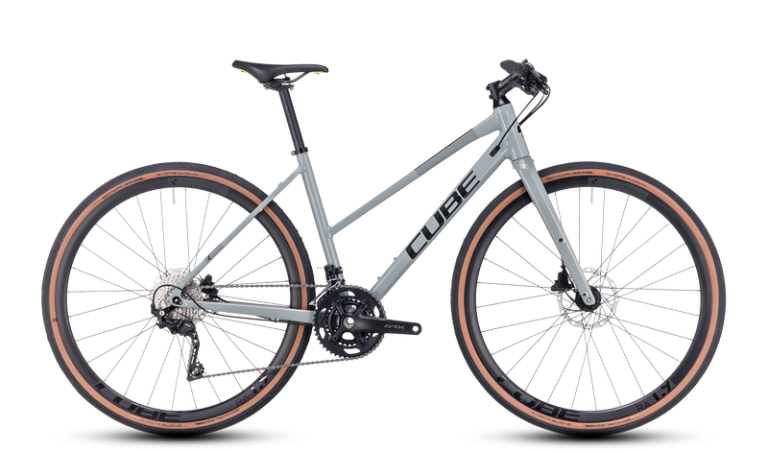 Cube Nulane Pro 2024 à cadre Trapeze, vélo urbain à enjambement bas et guidon plat, coloris grey´n´black, vue de profil