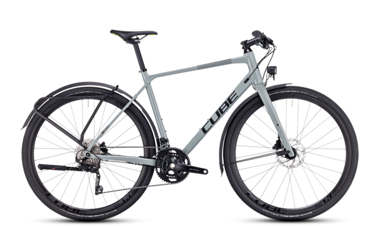 Cube Nulane Pro FE 2024, vélo urbain à cadre haut en aluminium, guidon plat, coloris grey´n´black, vue de profil