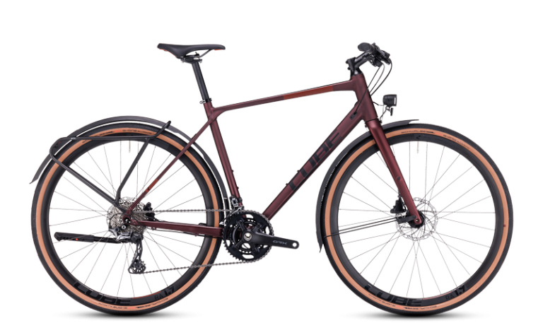 Cube Nulane Race FE 2024, vélo urbain à cadre haut en aluminium et guidon plat, coloris rubyred´n´black, vue de profil