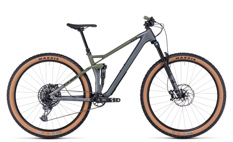 Cube Stereo ONE22 HPC TM, VTT de trail tout-suspendu à cadre carbone et arrière aluminium, vue de profil