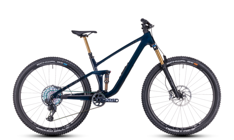 Cube Stereo ONE44 C:68X SLT, VTT de trail carbone tout-suspendu à 140 mm, vue de profil
