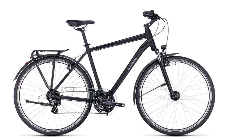 Cube Touring en coloris black´n´metal, vélo de trekking aluminium sans assistance, vue de profil