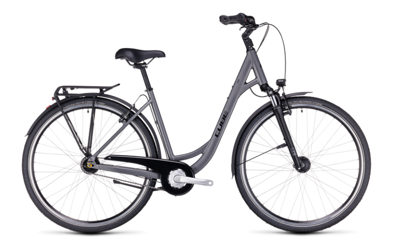 Cube Town 2024 en coloris grey´n´black, vélo de ville à cadre Easy Entry, vue de profil