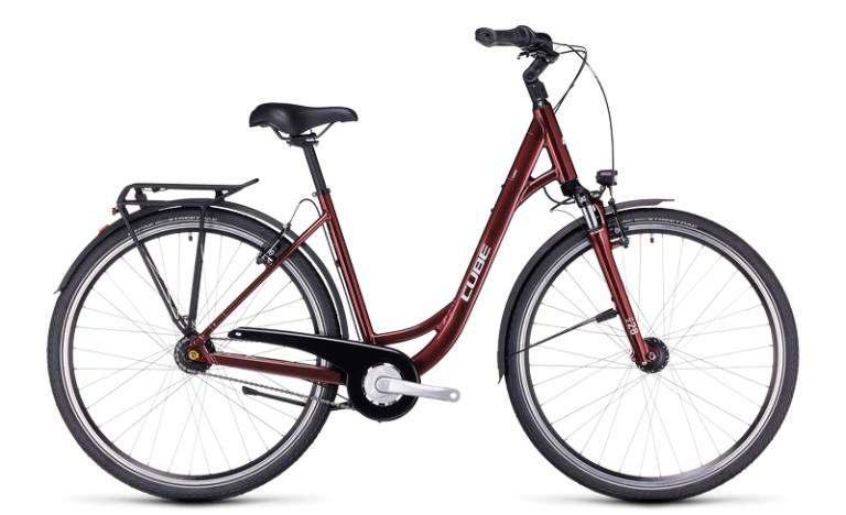Cube Town 2024 en coloris red´n´grey, vélo de ville urbain à enjambement bas, vue de profil