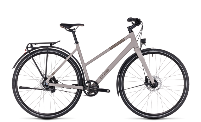 Cube Travel EXC 2024 à cadre Trapeze, coloris oatgrey´n´taupe, vélo de trekking à courroie, vue de profil