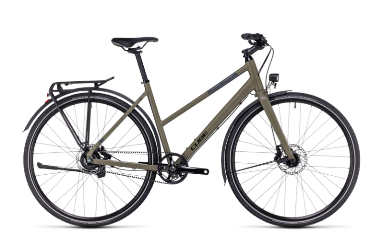 Cube Travel SLX 2024 à cadre Trapeze, coloris olive´n´black, vélo de trekking à courroie, vue de profil