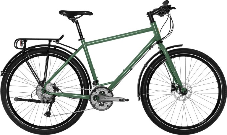 Histoire Bike Baroudeuse Classique, vélo de voyage en acier vert à cintre papillon, vue de profil