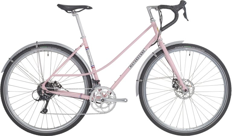 Motobecane 1976-26 RD20 Lady rose brillant, vélo acier à cintre de course, vue de profil