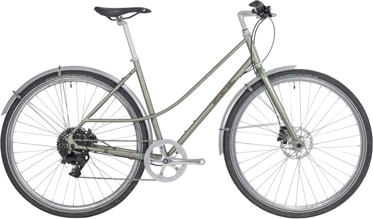 Motobecane 1976-26 RD9 Lady 2026, vélo de ville en acier vert clair mat, vue de profil