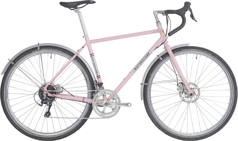 Motobecane 1976-26 RH20 Gent rose brillant, vélo acier à cintre de course, vue de profil