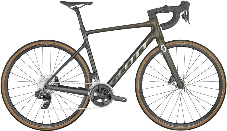 Scott Addict 10 jaune 2024, vélo de route endurance à cadre carbone, vue de profil
