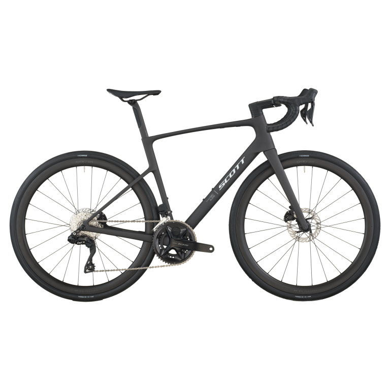 Scott Addict 30 2026, vélo de route endurance carbone coloris carbon black, vue de profil