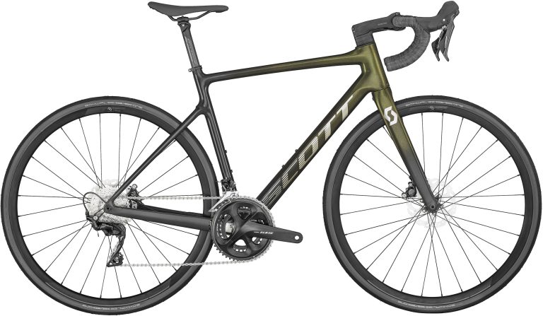 Scott Addict 30 2024 coloris Candy Green Yellow Flakes, vélo de route endurance carbone, vue de profil