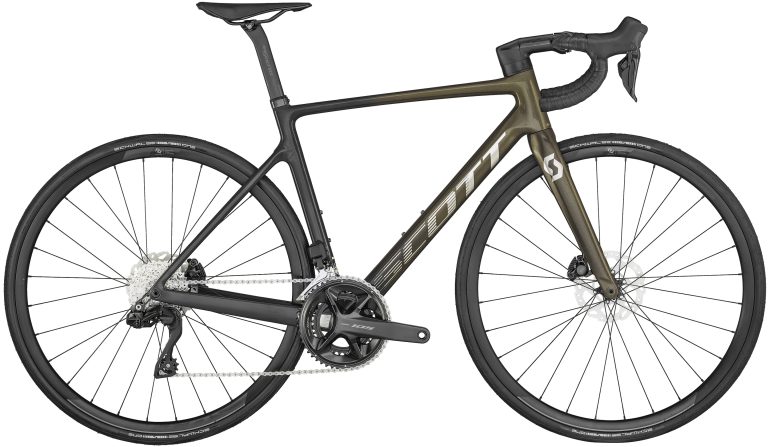 Scott Addict RC 40 2024, vélo de route de course carbone jaune, vue de profil côté transmission